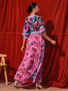 TIYA Vestido largo con cuello en V profundo, estampado total, diseño bohemio y boho para mujer, vestido elegante de verano, atuendo para Año Nuevo, para vacaciones, fiestas y festivales