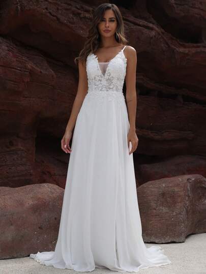 女士亮片雪纺细肩带婚纱白色优雅新娘礼服