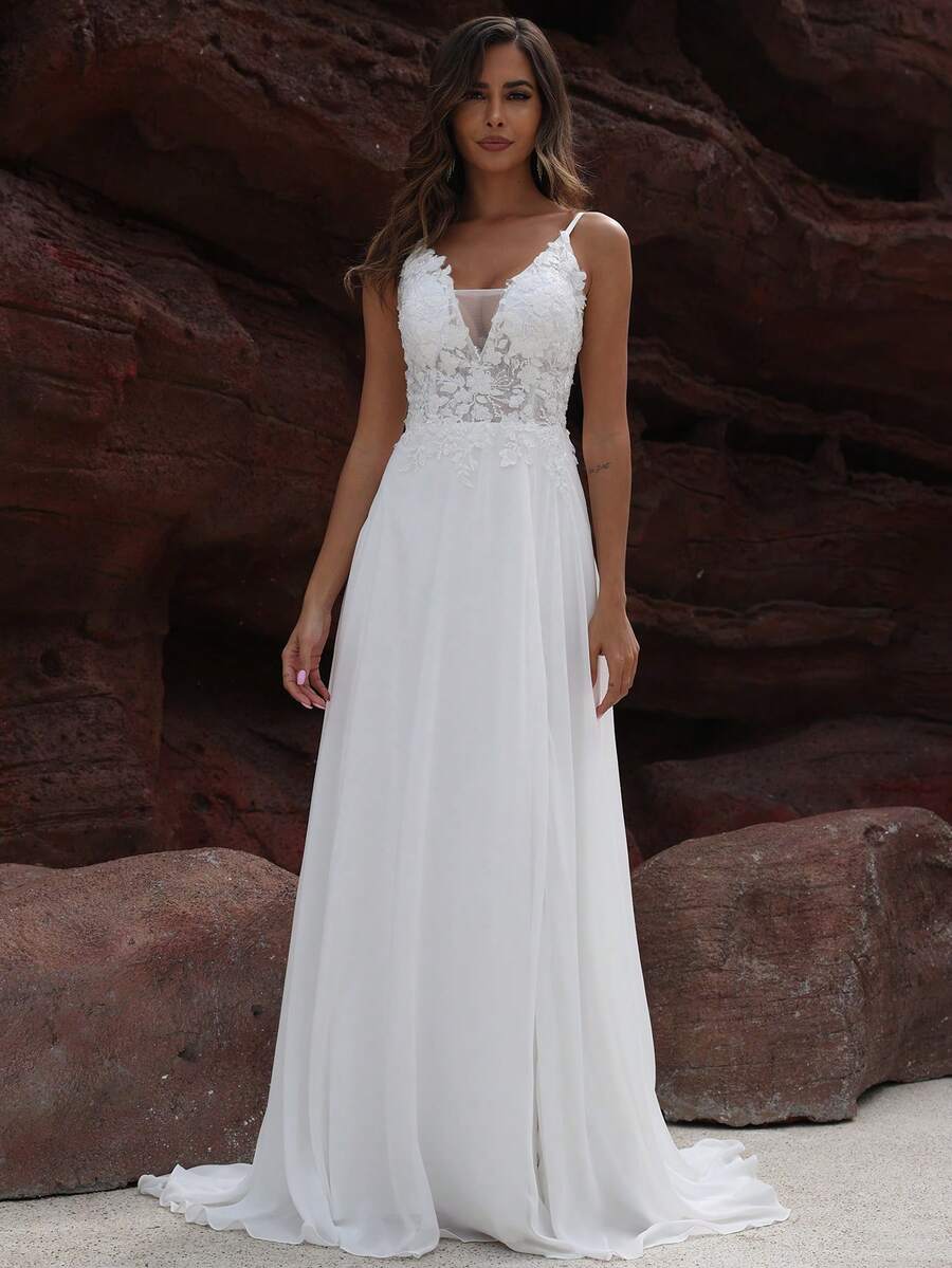 女士亮片雪纺细肩带婚纱白色优雅新娘礼服 - 白色 - 查看 1