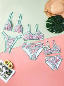 Tween Girl Contrast Color Paisley Print Beachwear Bikini Set, With 3 Sets Available For Mom And Daughter Matching Outfits (Sold Separately) Summer Beach - Multicolor - View 6