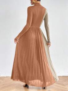 SHEIN Privé Color Block Pleated Mock Neck Long Sleeve Dress With Slit - Orange - View 2
