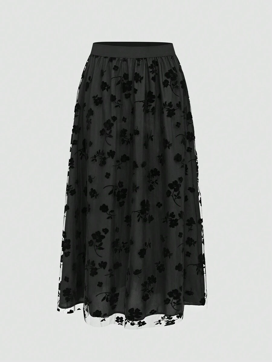 SHEIN Clasi 女性花卉網紗裙 - 黑色 - 查看 1