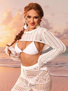 Áo cổ tròn trơn nữ khoét vừa vặn vừa vặn che thân với tay áo dài - trắng - Xem 4