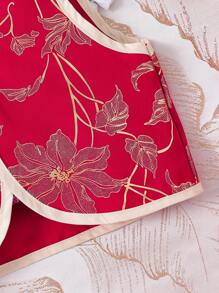 Baby Girl Satin Jacquard Mesh Dress With Gold Trimmed Hem And Matching Bloomers Elegant, Cute And Fashionable - Multicolor - View 3