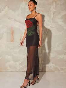 Hauture Rose Print Mesh Splice Cami Dress