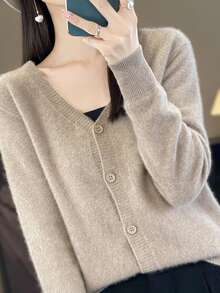 新款春季時尚復古純色薄款V領開襟針織衫 - 駝色 - 查看 5