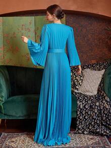 假日天蓝色长袖 V 领褶皱大下摆带腰带夏季女士连衣裙，度假装女士 - 藍色 - 查看 2