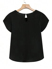 SHEIN LUNE Kích thước lớn Của phụ nữ Vòng cổ Tay áo cánh hoa Xếp li Ngắn tay Áo sơ mi - màu đen - Xem 2