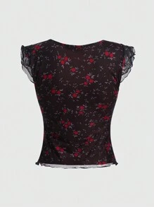 ROMWE Goth Áo nữ Nơ Bướm Tương phản ren Tương phản Mesh Họa tiết hoa Boho - Màu Đỏ Sâu - Xem 2