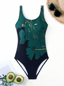 Swim Lushoire 2025 女式撞色花卉印花连体泳衣，适合海滩/度假夏季 - 綠色 - 查看 5