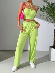 SHEIN EZwear Conjunto De Top Halter De Color Sólido Y Pantalones Para Mujer - Verde - Ver 1