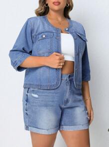 SHEIN Privé Kích thước lớn Của phụ nữ Vòng cổ Bảy Tay áo Áo khoác denim - Rửa nhẹ - Xem 5
