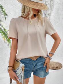 SHEIN LUNE Camisa De Manga Abullonada De Color Sólido Con Pliegues Pellizcados - Albaricoque - Ver 5