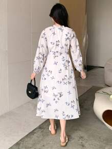 DAZY 蝴蝶印花柔軟風格長袖連衣裙 - 黑色 - 查看 2