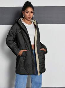 HaiLuoZi Women's Solid Color Drop Shoulder Long Sleeve Pockets Hooded Padded Coat - Black - View 3