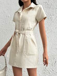 EURMUSE Women's Short Sleeve Denim Shirt Dress - Beige - View 6
