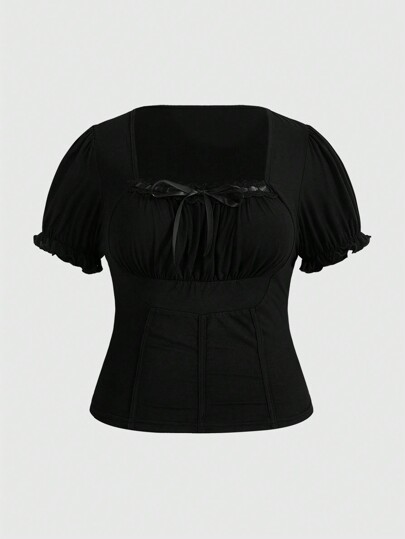 Fairycore Camiseta Talla Grande De Cuello Cuadrado Con Manga Globo Ajustada Y Cinturón De Cintura Y Lazo