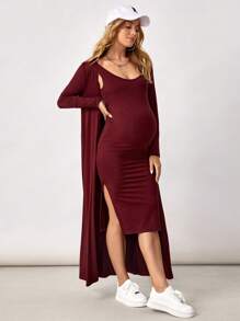 SHEIN Maternity Solid Cami Dress & Coat - Maroon - View 3