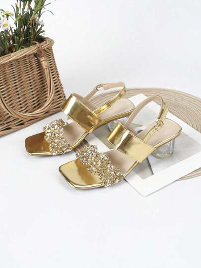 Golden High Heels Women's Fashion Comfortable Chunky Sandals In Large Size, Rhinestone Decorated, Transparent Mid-Heel, Square Toe Summer Shoes