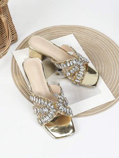 Golden High Heels Fashionable Women's Sandals, Comfortable Chunky Heeled Plus Size Shoes With Rhinestone, Casual Mid-Heeled Square Toe Slip-On Sandals