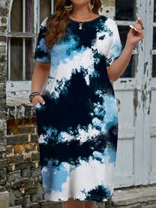 EMERY ROSE 大尺碼女士Tie-Dye膝長假日休閒連體裙，附帶口袋 - 彩色 - 查看 6