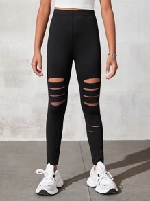 SHEIN Tween 女童针织纯色破洞休闲紧身裤 - 黑色 - 查看 5