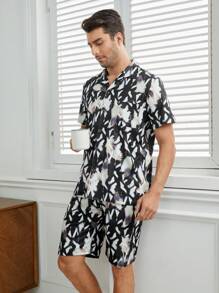 Men's Printed Button Down Short Sleeve Top And Shorts Homewear Set - Black - View 7