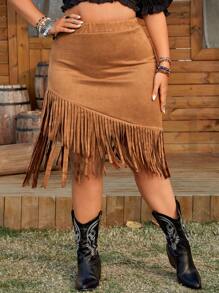 SHEIN Falda de talla grande con cintura elástica y borde con flecos, vestimenta occidental para la mujer vaquera - Caqui - Ver 4