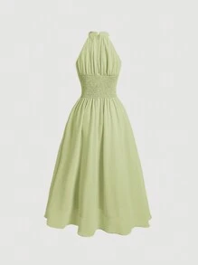 SHEIN MOD 纯色荷叶边饰挂脖式褶皱腰粉色夏季连衣裙 - 綠色 - 查看 2