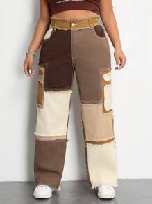 SHEIN EZwear 大码原始下摆拼布直腿男友牛仔裤 - 彩色 - 查看 5