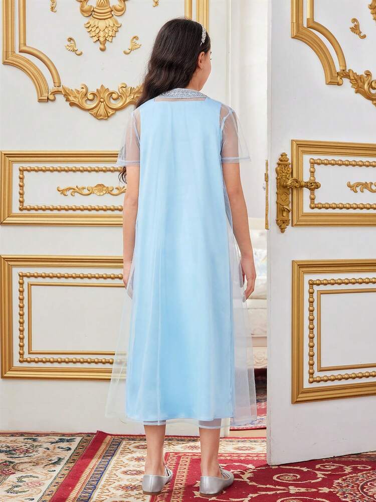 Tween Girls' Casual & Elegant & Fancy Sleeveless Dress With Faux Pearl Belt And Cover Up, 2pcs/Set