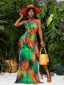 Slaydiva 音乐节/约会/度假/海滩/性感休闲航海印花高开衩露背连衣裙 - 彩色 - 查看 5