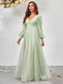 SHEIN Belle Women's V-Neck Lantern Sleeve Mesh Bridesmaid Dress