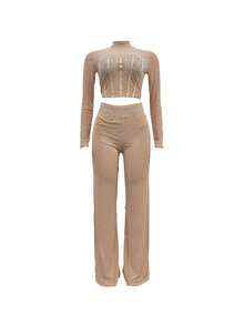 Women's Solid Color Mesh Rhinestone Sequin Long Sleeve & Long Pants 2 Pieces Set, Birthday Party, Formal Evening Gown - Apricot - View 3