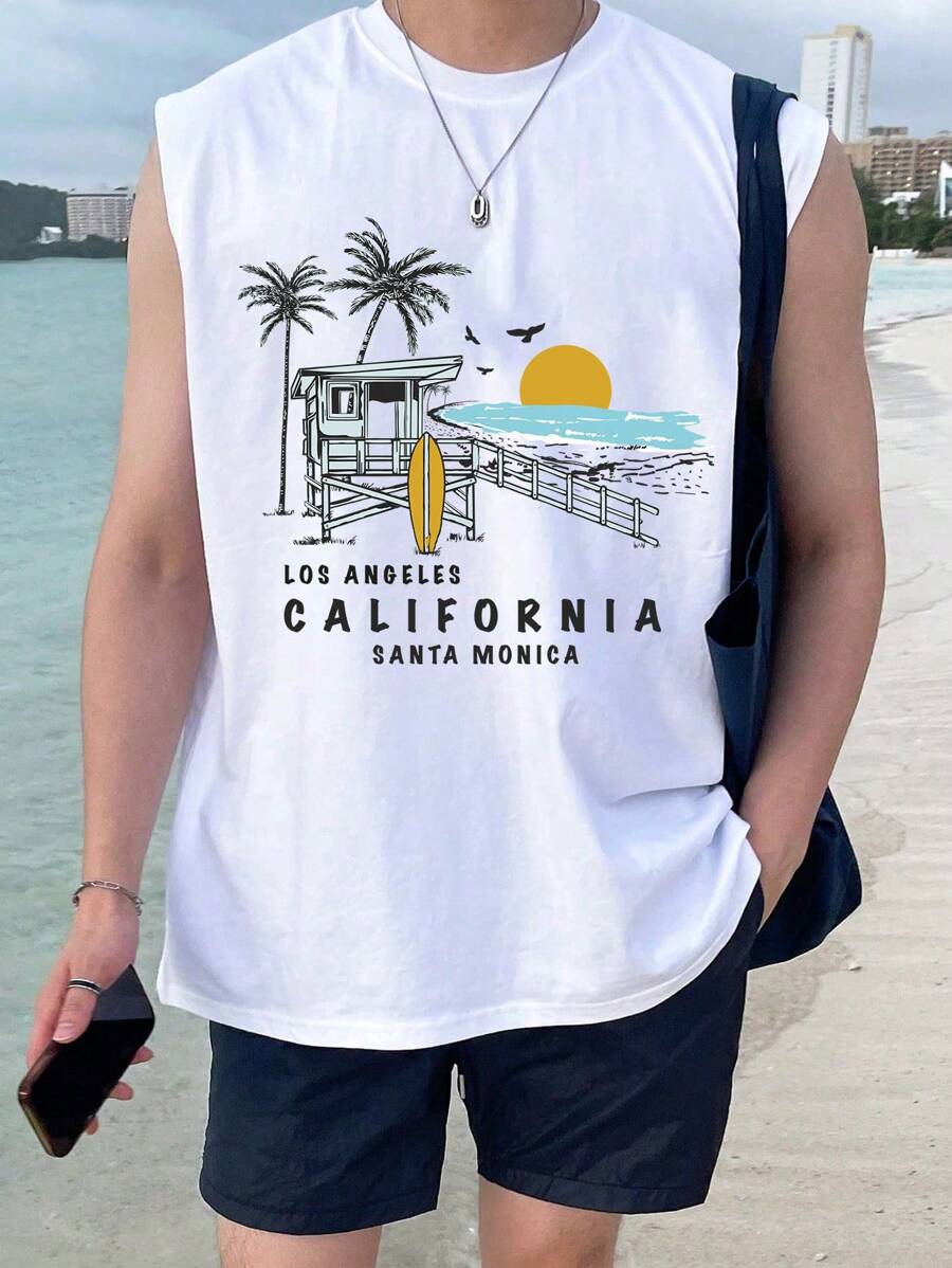 Manfinity Chillmode White Men's Tank Top With Printed Design, Sleeveless Graphic Plain Tank Top For Vacation - White - View 1
