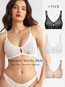 Ocili Leisure 3pcs Cut Out Front Mesh Bra Lingerie - Multicolor - View 1