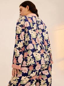 LUVLETTE 女士加大码花卉缎面长款睡衣套装家居服内衣，秋季服装 - 藏蓝色 - 查看 6