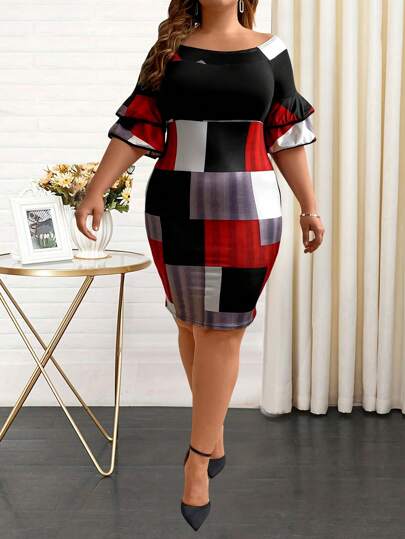 Women's Plus Size Ruffle Sleeve Patchwork Printed Dress