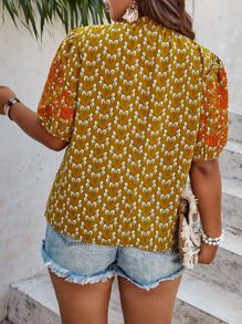 SHEIN LUNE 大碼滿版印花泡泡袖襯衫 - 黃色 - 查看 2