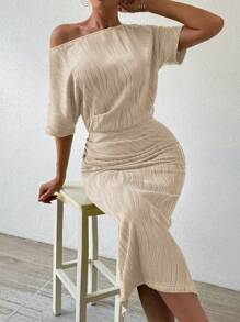 Chiquease Ladies' Elegant Asymmetrical Shoulder Dress - Apricot - View 3