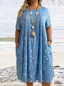 EMERY ROSE Plus Size Summer Floral Printed Short Sleeve Dress - Blue - View 3