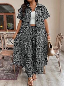 SHEIN Clasi 加大碼女士腰果印花短袖襯衫和褲子套裝 - 黑色 - 查看 1