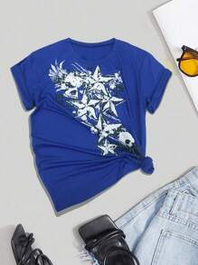 INAWLY Women's Skeleton & Star Print T-Shirt Graphic Tees Women Tops - Blue - View 4