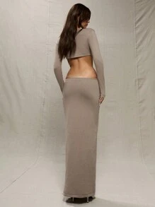 MUSERA 灰色针织镂空侧边长裙，春夏早午餐可爱装扮 - 灰色 - 查看 2