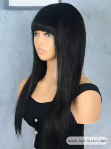 180% Density Straight Human Hair Wig With Bangs 18 Inch Natural Black Remy Scalp Top Full Machine Made Wigs For Women Daily Use - Natural Black - View 5