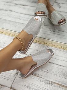 High-End Women's Elegant Silver Rhinestone Peep Toe Flat Sandals Valentines,Spring Summer Outfits - Silver - View 5