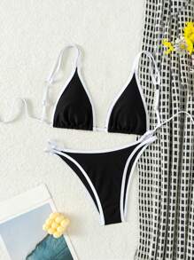 Swim Mod Color Block Bikini Set With Triangular Cups And Edge Wrapping Design, Summer Beach