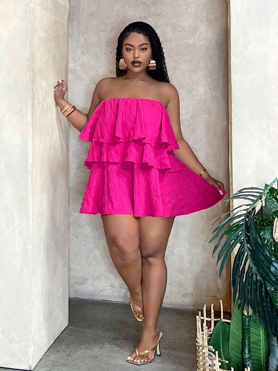 Slaydiva Ruffled Hem Bandeau Top, Casual & Holiday Style, Summer - Hot Pink - View 1