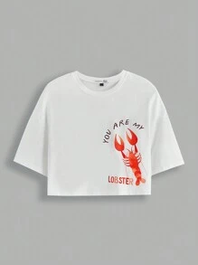 FRIENDS X SHEIN Lobster And Slogan Graphic Drop Shoulder Crop Tee YOU ARE MY LOBSTER