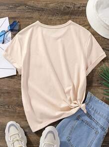 SHEIN Tween Girl Casual Letter & Cross Print Short Sleeve T-Shirt - Camel - View 2